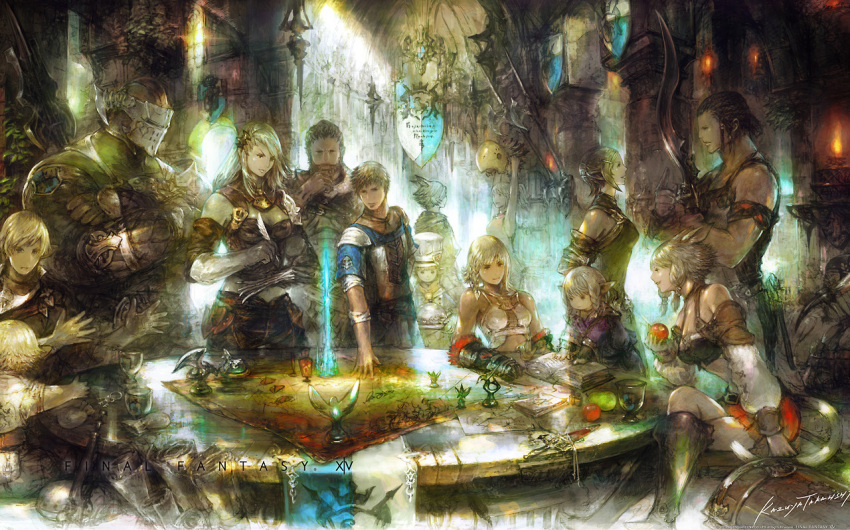 6+boys 6+girls animal_ears architecture armor beard blonde_hair book bow_(weapon) braid brown_hair cat_ears cat_tail chef_hat cleavage_cutout crop_top cup dagger elezen elf facial_hair final_fantasy final_fantasy_xiv food fruit gloves hair_tubes hat helmet hyur key lalafell long_hair looking_at_another looking_away map midriff miqo'te multiple_boys multiple_braids multiple_girls official_art paper platter pointing pointy_ears ponytail pouch quill reading removing_helmet roegadyn short_hair spaulders table tail takahashi_kazuya talking weapon writing