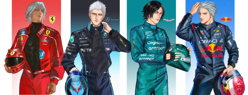 4boys absurdres adjusting_hair adjusting_headphones alternate_costume aqua_bodysuit aqua_car aston_martin black_bodysuit black_car black_gloves black_hair black_shirt blue_background blue_bodysuit blue_eyes blue_helmet blue_racing_suit bodysuit capcom car character_name closed_mouth commentary cougar covered_collarbone cowboy_shot dante_(devil_may_cry) devil_may_cry_(series) devil_may_cry_5 english_commentary english_text ferrari fingerless_gloves fingernails formula_one formula_racer gloves green_eyes grey_hair hair_between_eyes hair_slicked_back hand_in_own_hair hand_up headphones headphones_around_neck helmet henoopd hewlett-packard highres holding holding_unworn_helmet hugo_boss_(brand) ibm lips looking_at_viewer looking_to_the_side male_focus mercedes-benz mobil motor_vehicle multiple_boys muscular muscular_male nero_(devil_may_cry) nose open_bodysuit open_clothes oracle_(company) parted_lips partially_unzipped print_bodysuit puma_(brand) race_vehicle racecar racing_suit red_background red_bodysuit red_bull red_car red_helmet red_racing_suit shirt short_hair simple_background tag_heuer unworn_headwear unworn_helmet v_(devil_may_cry) vergil_(devil_may_cry) white_background white_hair