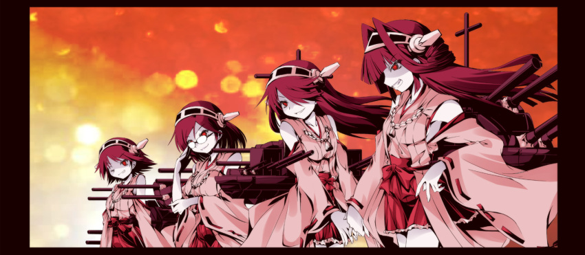 4girls adjusting_glasses dark_persona detached_sleeves glasses grin hair_over_one_eye hairband haruna_(kantai_collection) hiei_(kantai_collection) japanese_clothes kaname-y kantai_collection kirishima_(kantai_collection) kongou_(kantai_collection) machinery multiple_girls pale_skin personification red_eyes redhead siblings sisters smile turret wide_sleeves wink