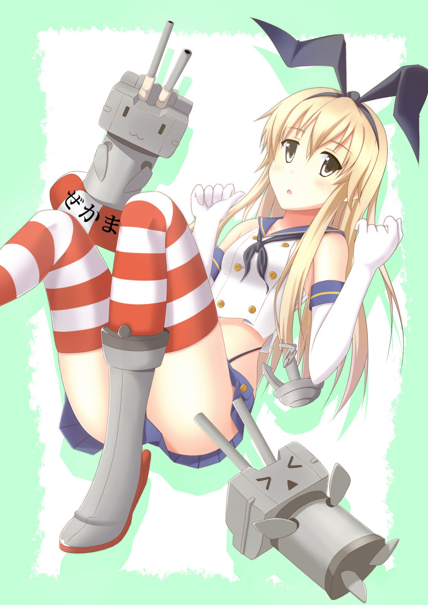 &gt;_&lt; 1girl anchor black_panties blonde_hair blush brown_eyes elbow_gloves gloves hair_ornament hairband highres kantai_collection long_hair looking_at_viewer navel panties personification rensouhou-chan shimakaze_(kantai_collection) small_breasts solo striped striped_legwear thighhighs underwear white_gloves ||_||