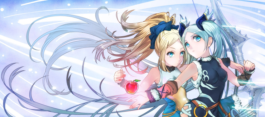 2girls apple arrow blonde_hair blue_eyes blue_hair bow bow_(weapon) food fruit hair_bow highres idun&amp;idunna long_hair multiple_girls ponytail puzzle_&amp;_dragons quiver scrunchie siblings sisters ttknok twintails very_long_hair weapon