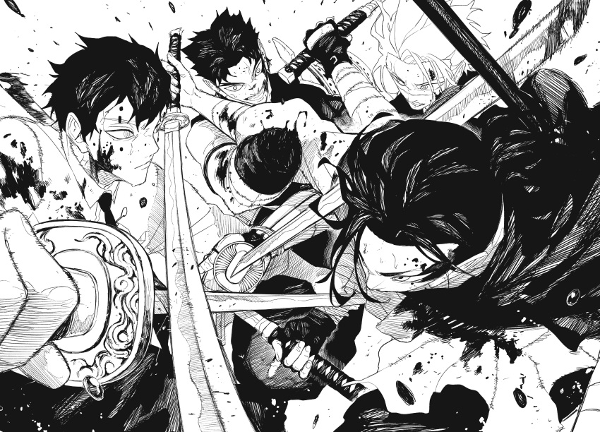 4boys absurdres amputee battle black_hair bleeding blood blood_on_arm blood_on_clothes blood_on_face blood_splatter character_request facial_mark fingerless_gloves gloves greyscale grin highres hokazono_takeru holding holding_sword holding_weapon injury kagurabachi katana monochrome multiple_boys necktie non-web_source official_art scar scar_on_face shirt short_hair slashing smile sword sword_fight uruha_youji weapon white_background white_shirt yura_(kagurabachi)