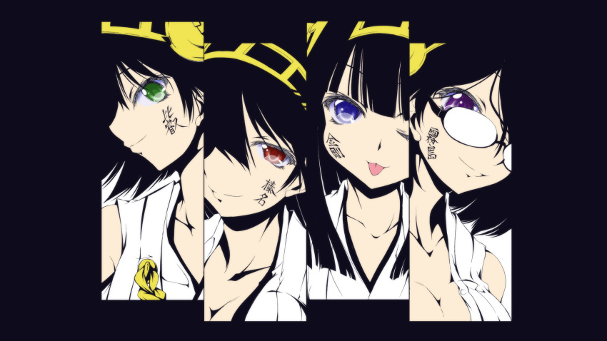 4girls black_hair blue_eyes breasts character_name cleavage close-up glasses green_eyes hairband haruna_(kantai_collection) hiei_(kantai_collection) highres japanese_clothes kaname-y kantai_collection kirishima_(kantai_collection) kongou_(kantai_collection) multiple_girls personification red_eyes siblings sisters smile tongue violet_eyes wink