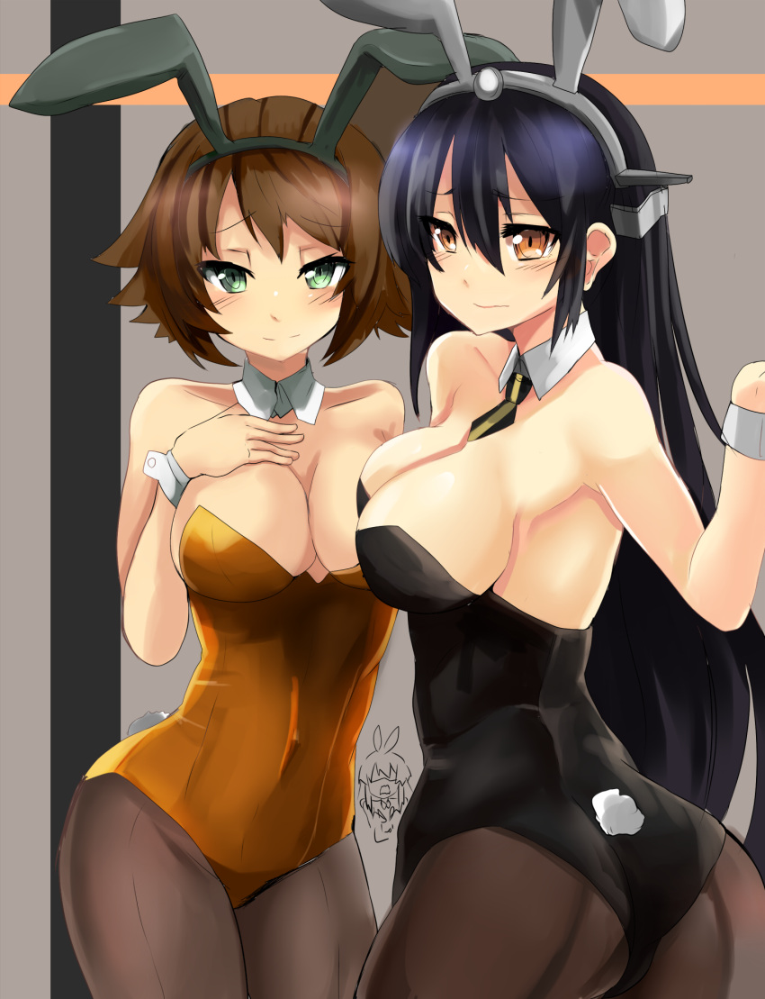 2girls animal_ears ass bare_shoulders black_hair black_legwear breasts brown_eyes brown_hair bunny_girl bunny_tail bunnysuit cleavage detached_collar female green_eyes haik highres kantai_collection large_breasts looking_at_viewer multiple_girls mutsu_(kantai_collection) nagato_(kantai_collection) pantyhose rabbit_ears rough short_hair tail