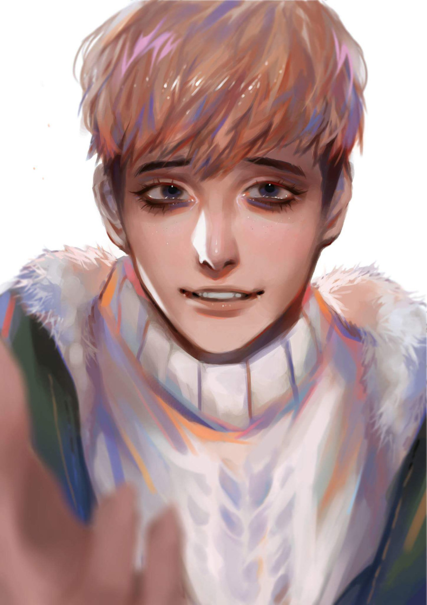 1boy bags_under_eyes black_eyes black_hair brown_hair burdaburp commentary english_commentary fur_trim highres killing_stalking looking_at_viewer male_focus multicolored_hair oh_sangwoo short_hair simple_background smile solo teeth turtleneck two-tone_hair white_background