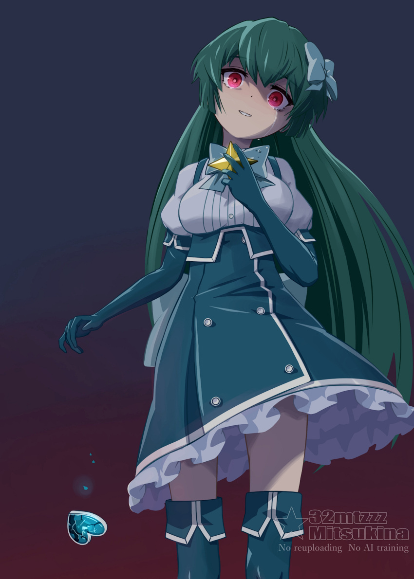 1girl 32zzz aqua_gloves aqua_skirt blue_boots blue_bow blue_bowtie blue_gloves blue_skirt boots bow bowtie breasts brooch commentary_request corruption cowboy_shot crack crazy_eyes crying crying_with_eyes_open dark_persona dress elbow_gloves frilled_dress frills gloves hair_between_eyes hair_bow head_tilt heart-shaped_gem high-waist_skirt highres jewelry large_breasts long_hair looking_at_viewer magia_azure magical_girl mahou_shoujo_ni_akogarete medium_skirt minakami_sayo parted_lips puffy_short_sleeves puffy_sleeves red_eyes revision shirt short_sleeves sidelocks skirt solo standing star-shaped_gem star_brooch streaming_tears suspender_skirt suspenders tearing_up tears thigh_boots white_shirt