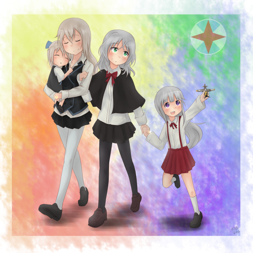 4girls :d aqua_eyes black_legwear blonde_hair bookmarkahead carrying child closed_eyes eila_ilmatar_juutilainen grey_hair highres holding_hands if_they_mated jewelry mother_and_daughter multiple_girls open_mouth pantyhose parent_and_child parted_lips ring sanya_v_litvyak shawl shoes skirt sleeping smile strike_witches teeth toy toy_airplane violet_eyes walking wedding_ring white_legwear yuri