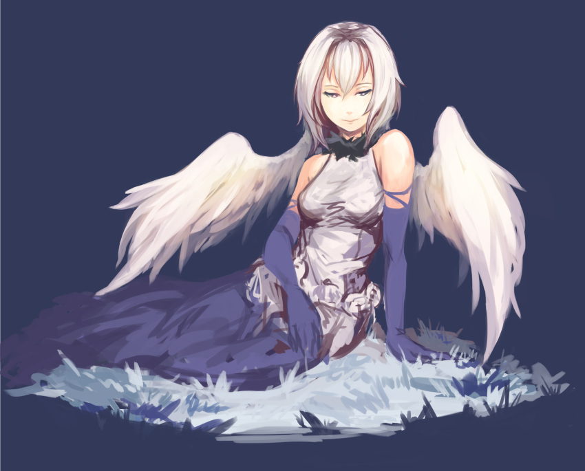 1girl angel_wings anonymous_drawfag bare_shoulders breasts elbow_gloves engi_threepiece feather_boa gloves half-closed_eyes highres long_hair long_skirt on_side silver_hair simple_background skirt solo violet_eyes wings yumekui_merry