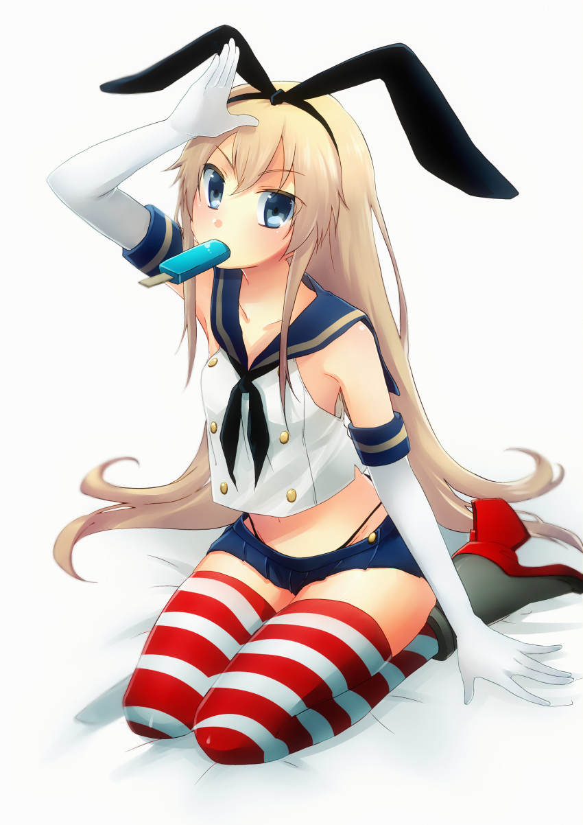 1girl absurdres black_panties blonde_hair blue_eyes bow colored elbow_gloves food_in_mouth gloves hair_bow high_heels highleg highleg_panties highres kantai_collection legs microskirt panties popsicle red_legwear school_uniform seiza serafuku shimakaze_(kantai_collection) sitting skirt striped striped_legwear thigh-highs tsugumi_momomeno underwear white_legwear