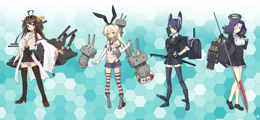 4girls :3 alphes_(style) anchor bare_shoulders black_hair blonde_hair boots brown_hair cannon fingerless_gloves gloves grey_eyes hair_ornament hair_ribbon hairband hands_on_hips highleg highleg_panties highres kantai_collection kaoru_(gensou_yuugen-an) kongou_(kantai_collection) loafers mechanical_halo miniskirt multiple_girls navel nontraditional_miko panties parody polearm rensouhou-chan ribbon shimakaze_(kantai_collection) shoes skirt smile spear striped striped_legwear style_parody tatsuta_(kantai_collection) tenryuu_(kantai_collection) thigh-highs thigh_boots underwear violet_eyes weapon wide_sleeves yellow_eyes ||_||