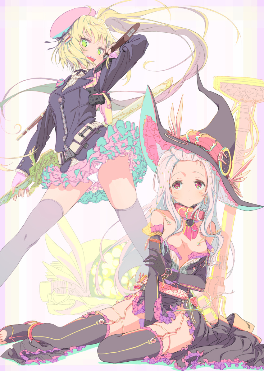 2girls archellaura arm_up black_legwear blonde_hair breasts character_request cleavage earrings garter_straps green_eyes gun hair_ornament hairclip hat highres jewelry kaku-san-sei_million_arthur long_hair looking_at_viewer multiple_girls open_mouth panties red_eyes shell_casing silver_hair sitting skirt smile thighhighs underwear weapon witch_hat