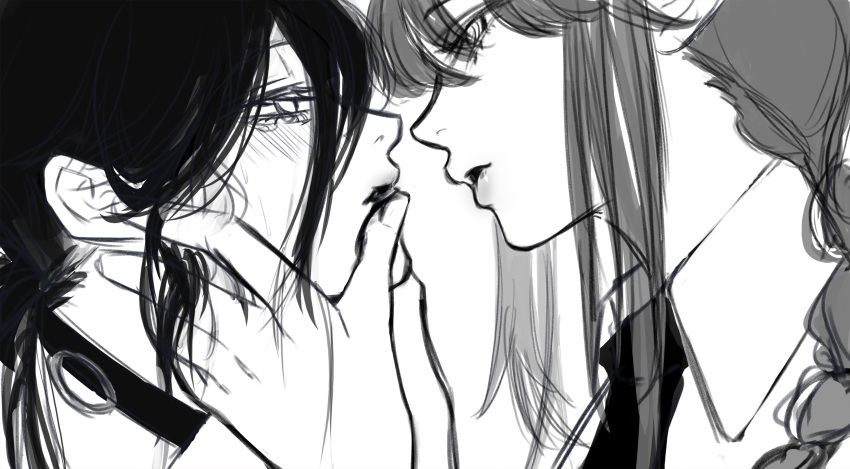 2girls a_m.artwork absurdres blood_on_mouth braid braided_ponytail chainsaw_man choker covering_another's_mouth greyscale hair_between_eyes hair_over_shoulder hand_over_another's_mouth highres long_hair makima_(chainsaw_man) medium_hair monochrome multiple_girls reze_(chainsaw_man) sidelocks simple_background white_background yuri