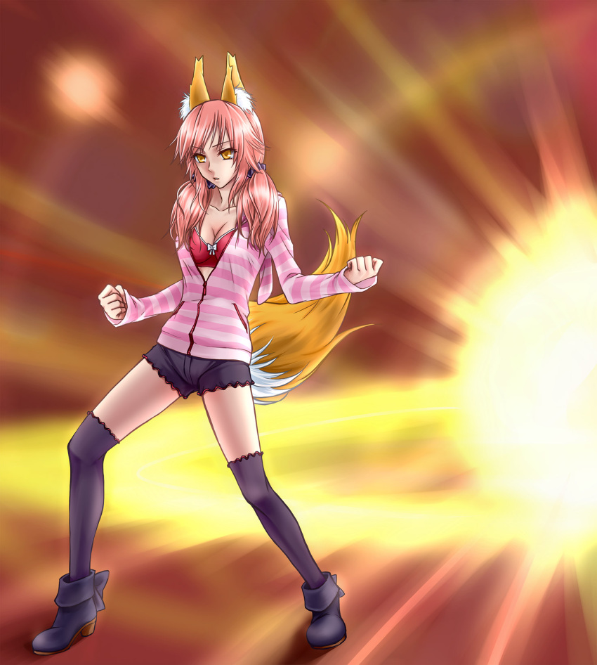 1girl animal_ears caster_(fate/extra) casual fate/extra fate/extra_ccc fate_(series) fervent_idiot fox_ears fox_tail hair_down highres hoodie pink_hair ribbon shorts solo tail thigh-highs twintails yellow_eyes