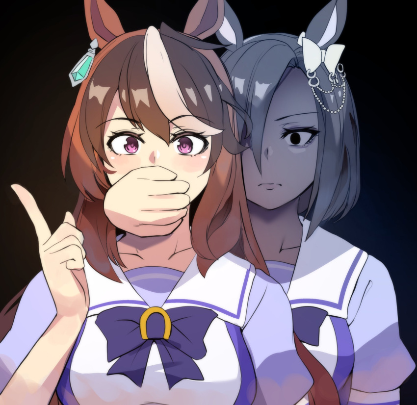 2girls air_groove_(umamusume) animal_ears bow covering_another's_mouth ear_bow ear_chain earrings empty_eyes expressionless gregory_house_kidnap_a_child_(meme) highres hinghoi horse_ears horse_girl index_finger_raised jewelry linked_piercing meme multicolored_hair multiple_girls no_pupils piercing school_uniform single_earring streaked_hair symboli_rudolf_(umamusume) tracen_school_uniform umamusume