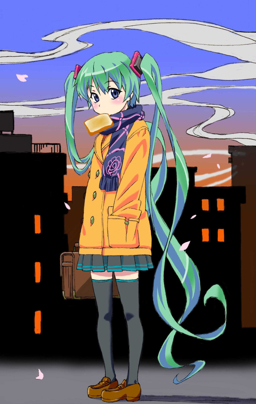 1girl absurdres blue_eyes briefcase coat green_hair hand_in_pocket hatsune_miku highres jyohatsu_(pixiv2331060) long_hair looking_at_viewer mouth_hold scarf skirt solo thighhighs toast toast_in_mouth twintails very_long_hair vocaloid