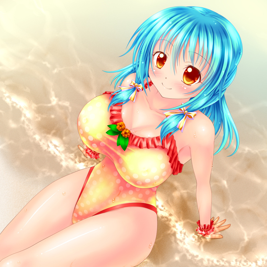 1girl arm_support blue_hair breasts casual_one-piece_swimsuit highres kogarashi_(wind_of_winter) large_breasts one-piece_swimsuit orange_eyes original short_hair swimsuit