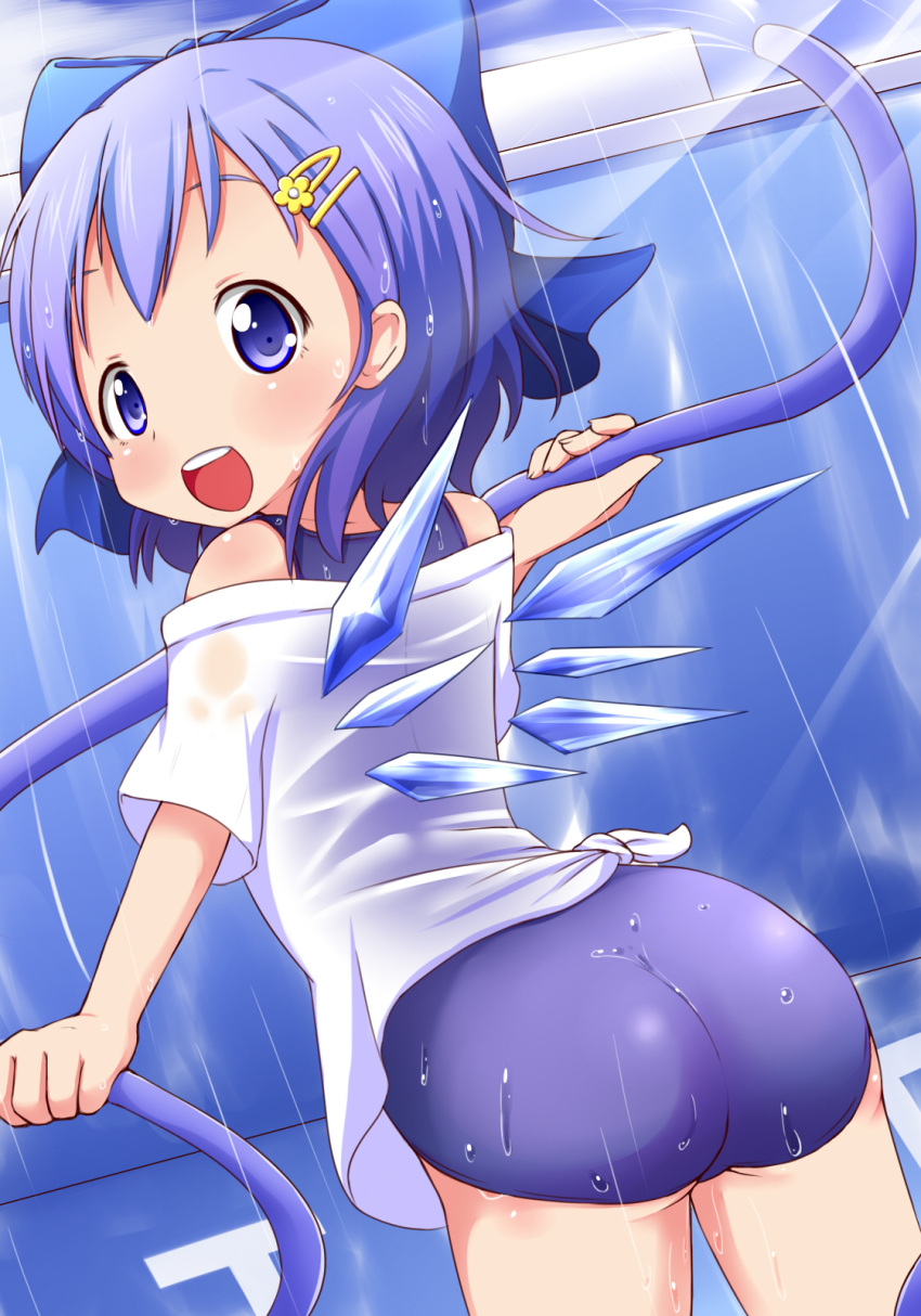 1girl blue_eyes blue_hair cirno from_behind hair_ornament hair_ribbon hairpin highres makuran one-piece_swimsuit ribbon school_swimsuit short_hair solo swimsuit tied_shirt touhou water_hose
