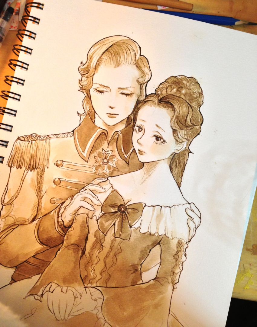 2girls alternate_hairstyle bow closed_eyes gloves hair_up hands_on_another's_shoulders hands_together highres long_sleeves marie_antoinette_(versailles_no_bara) millipen_(medium) multiple_girls nijico2000 oscar_francois_de_jarjayes photo traditional_media versailles_no_bara watercolor_(medium) white_gloves wide_sleeves