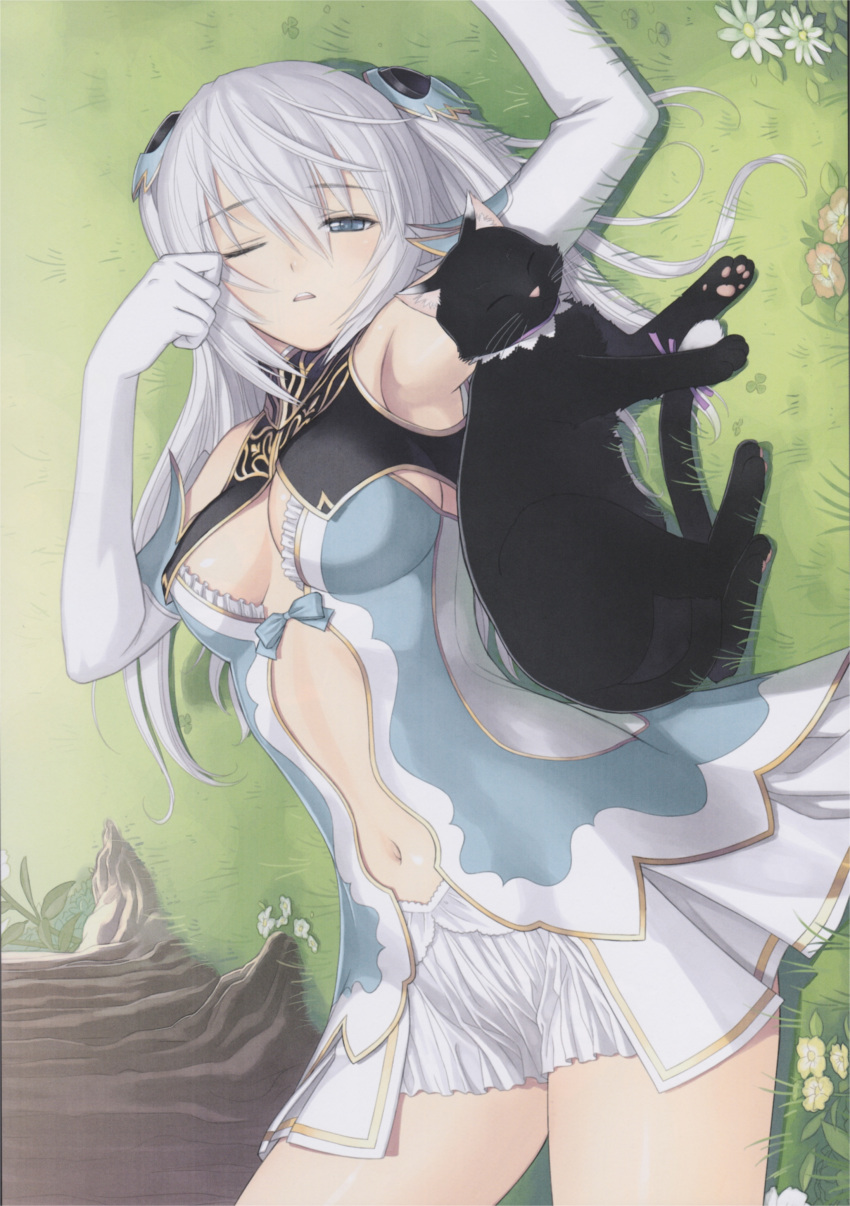 1girl absurdres altina animal arm_up armpits belly blue_eyes blush breasts cat cleavage elbow_gloves elf gloves hair_ornament highres long_hair lying navel open_mouth pointy_ears shining_(series) shining_blade shining_world silver_hair taka_tony tanaka_takayuki twintails waking_up white_gloves