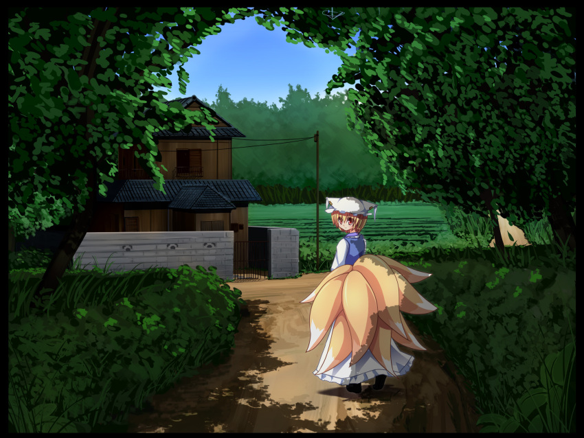 1girl blonde_hair blue_sky bush dress east_asian_architecture field forest fox_tail gate grass hat hat_with_ears highres liya looking_at_viewer looking_over_shoulder multiple_tails nature path power_lines red_eyes road shadow short_hair sky smile solo stone_wall tabard tail touhou tree walking_away wall yakumo_ran