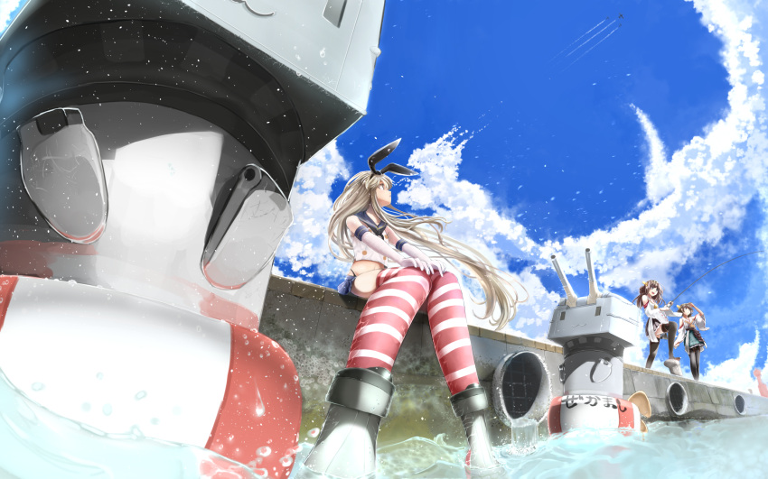 3girls airplane bare_shoulders blonde_hair blue_eyes brown_hair clouds crop_top detached_sleeves elbow_gloves feet_in_water fishing_rod gloves hairband headgear hiei_(kantai_collection) highres innertube japanese_clothes kantai_collection kongou_(kantai_collection) long_hair midriff multiple_girls open_mouth pen_(pixiv257621) personification rensouhou-chan shimakaze_(kantai_collection) short_hair sitting sky smile soaking_feet striped striped_legwear thighhighs water wide_sleeves