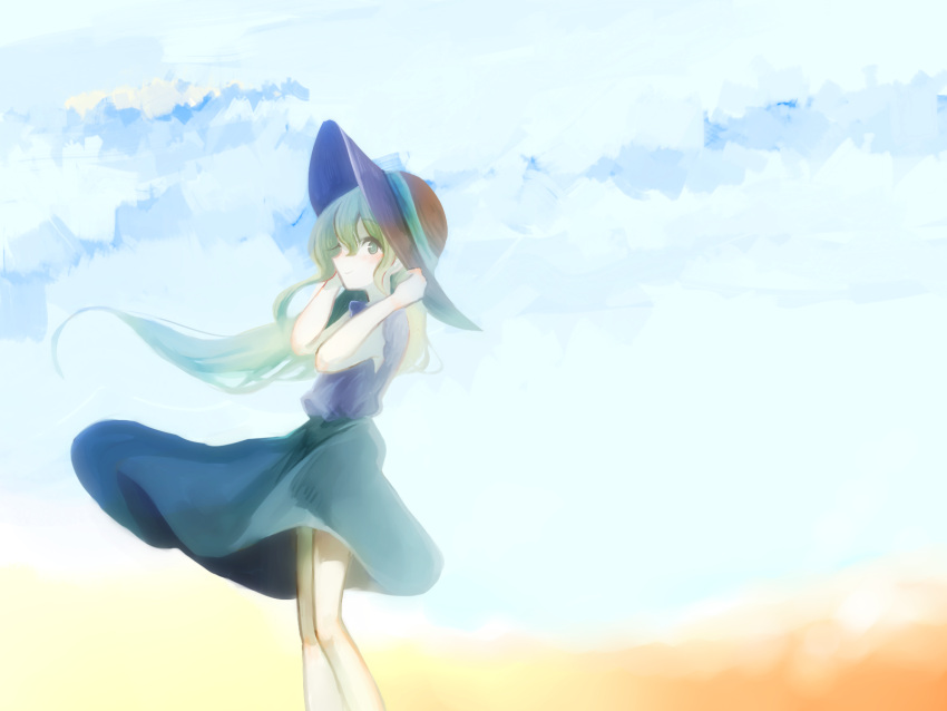 1girl dress green_eyes green_hair hands_on_hat hat highres komeiji_koishi long_hair looking_at_viewer minato710 simple_background sky smile solo standing sun_hat touhou wind