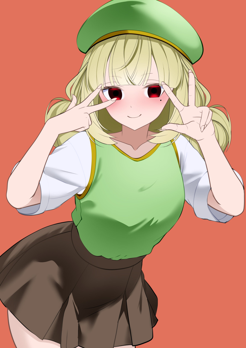 absurdres araga_kiwi double_bun green_hat hair_bun hat highres mahou_shoujo_ni_akogarete mole mole_under_eye red_eyes shirt simple_background skirt tank_top v very_low_bun white_shirt xueli_shimazaki