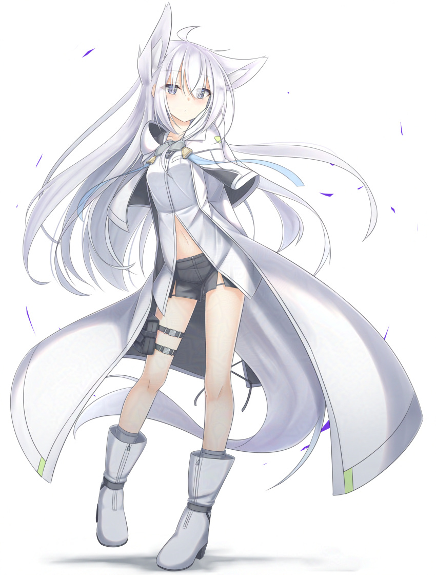 absurdres animal_ears arms_behind_back blue_eyes boots breasts coat fox_ears fox_girl fox_tail highres long_hair looking_at_viewer navel original shorts simple_background small_breasts tail very_long_tail white_hair yukishiro_haku