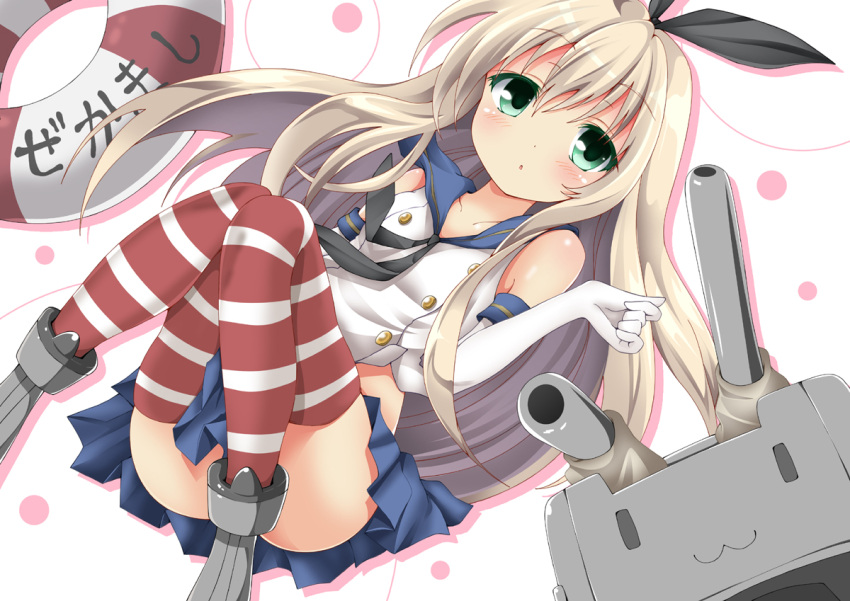 1girl blonde_hair convenient_leg crop_top elbow_gloves gloves hairband innertube kantai_collection long_hair looking_at_viewer ma-yu personification rensouhou-chan shimakaze_(kantai_collection) striped striped_legwear thighhighs white_gloves