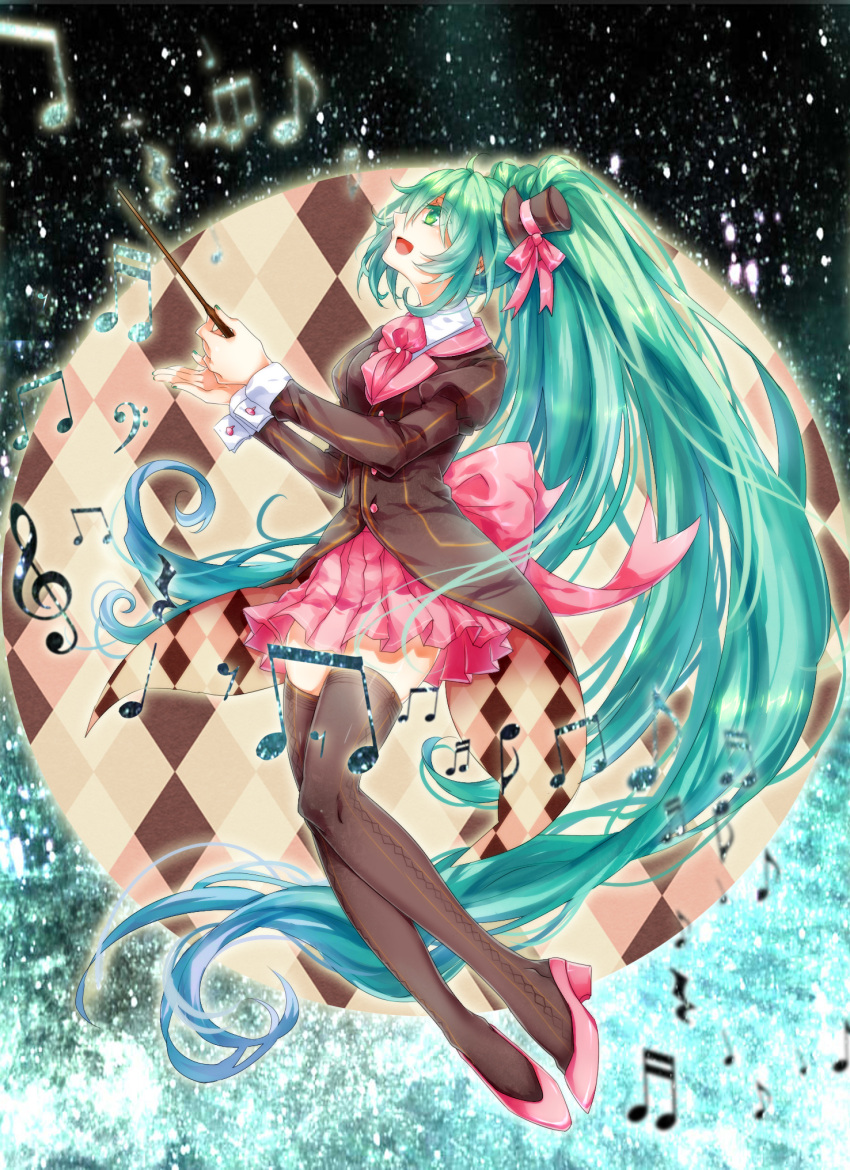 1girl appleruby aqua_hair green_eyes hat hatsune_miku highres long_hair mini_top_hat musical_note open_mouth ponytail skirt solo thighhighs top_hat very_long_hair vocaloid want