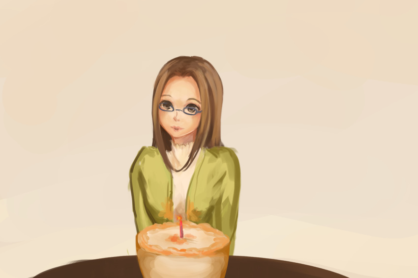 1girl anonymous_drawfag birthday_cake blowing brown_eyes brown_hair cake candle cardigan food fushimi_chihiro glasses highres long_hair persona persona_3 simple_background solo