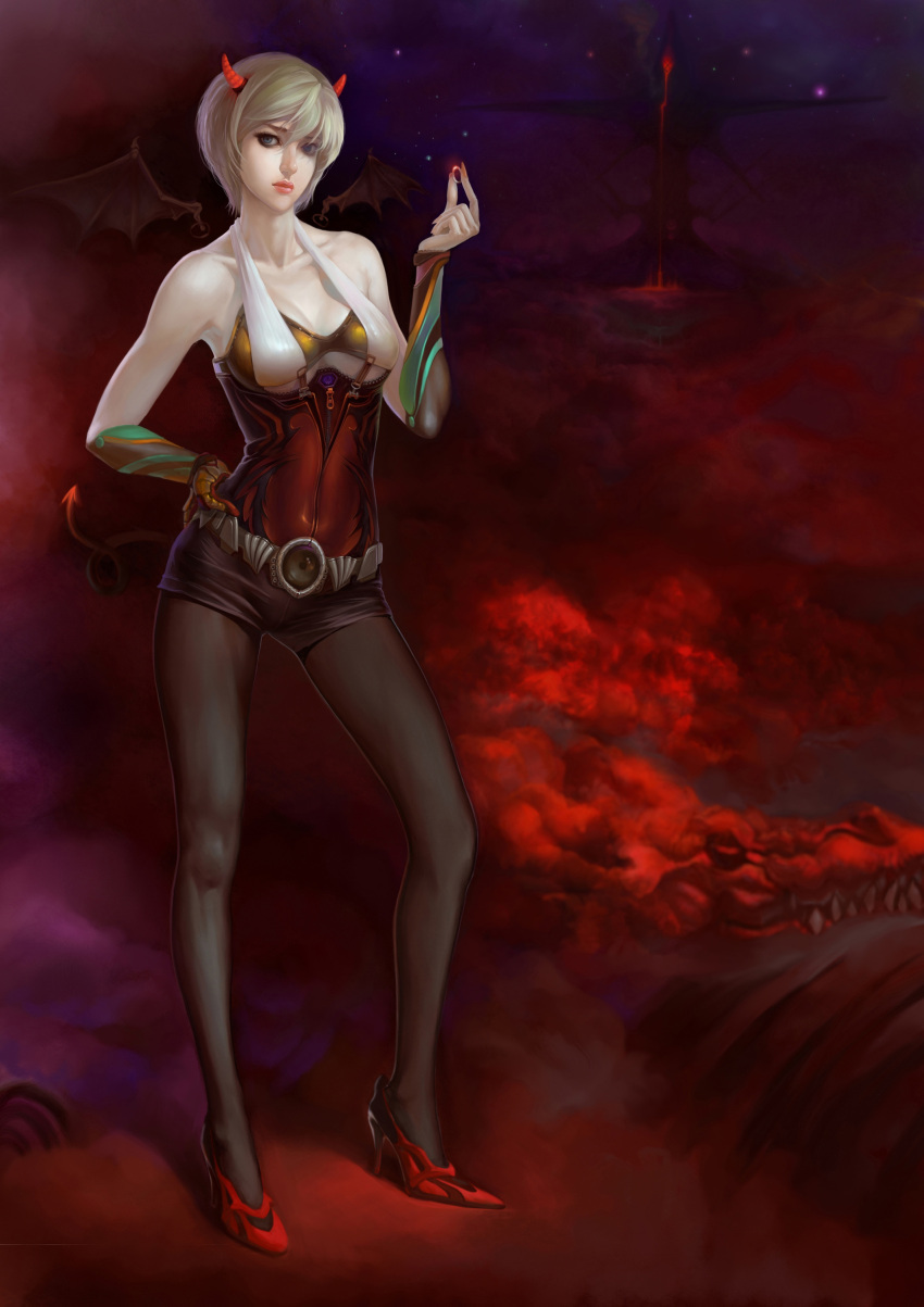 1girl absurdres bare_shoulders bat_wings blonde_hair blue_eyes demon_girl demon_tail detached_wings dragon elbow_gloves gloves high_heels highres holding horns jewelry legwear_under_shorts lips looking_at_viewer pantyhose realistic ring scenery short_hair shorts solo specv tail wings