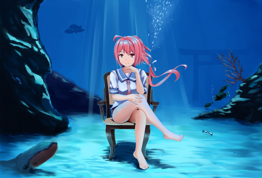1girl barefoot blush bubble crossed_legs hair_ribbon i-168_(kantai_collection) kantai_collection long_hair looking_at_viewer one-piece_swimsuit personification ponytail red_eyes redhead ribbon school_swimsuit school_uniform serafuku sitting solo swimsuit underwater