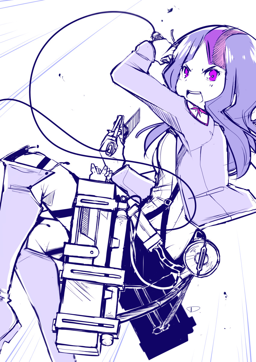 1girl absurdres angry blade boots crossover dual_wielding highres humanization jacket long_hair multicolored_hair my_little_pony my_little_pony_friendship_is_magic open_mouth purple_hair shingeki_no_kyojin solo three-dimensional_maneuver_gear twilight_sparkle uniform violet_eyes weapon