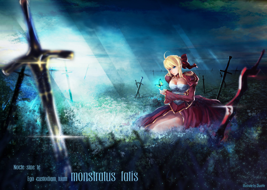 1girl absurdres aestus_estus ahoge blonde_hair blurry breasts caliburn cleavage depth_of_field dress epaulettes fate/extra fate_(series) green_eyes hair_ribbon highres planted_sword planted_weapon red_dress ribbon saber_extra solo sword weapon zhaohe