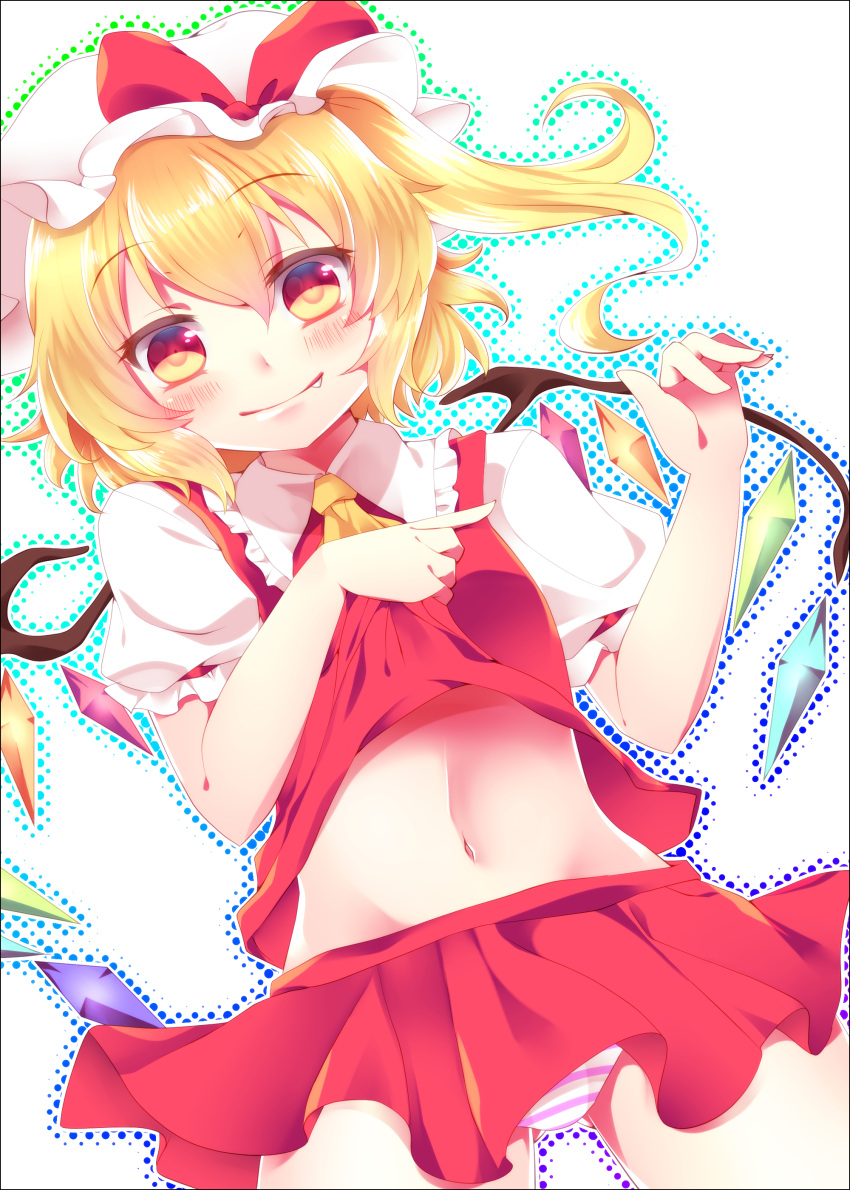 1girl absurdres ascot blonde_hair colored fang flandre_scarlet hat hat_ribbon highres looking_at_viewer midriff mob_cap navel panties pantyshot puffy_sleeves red_eyes ribbon sakura_hazuki shirt shirt_lift short_sleeves side_ponytail skirt smile solo striped striped_panties touhou underwear vest wings