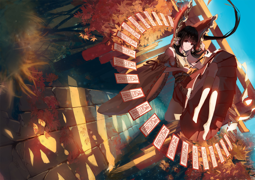 1girl ascot autumn autumn_leaves black_eyes black_hair bow cover cover_page detached_sleeves doujin_cover gohei hair_bow hair_tubes hakurei_reimu hat highres hkj0230 light_smile long_hair multiple_torii no_shoes ofuda solo torii touhou tree wide_sleeves