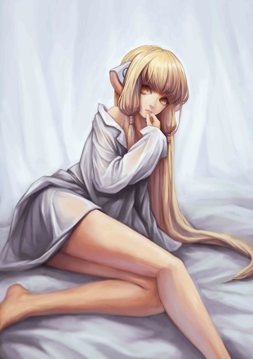1girl barefoot blonde_hair chii chobits hair_ornament hand_on_own_face highres legs_together lips long_hair looking_away low_twintails lying nose orange_eyes oversized_clothes robot_ears solo twintails yinanhuanle
