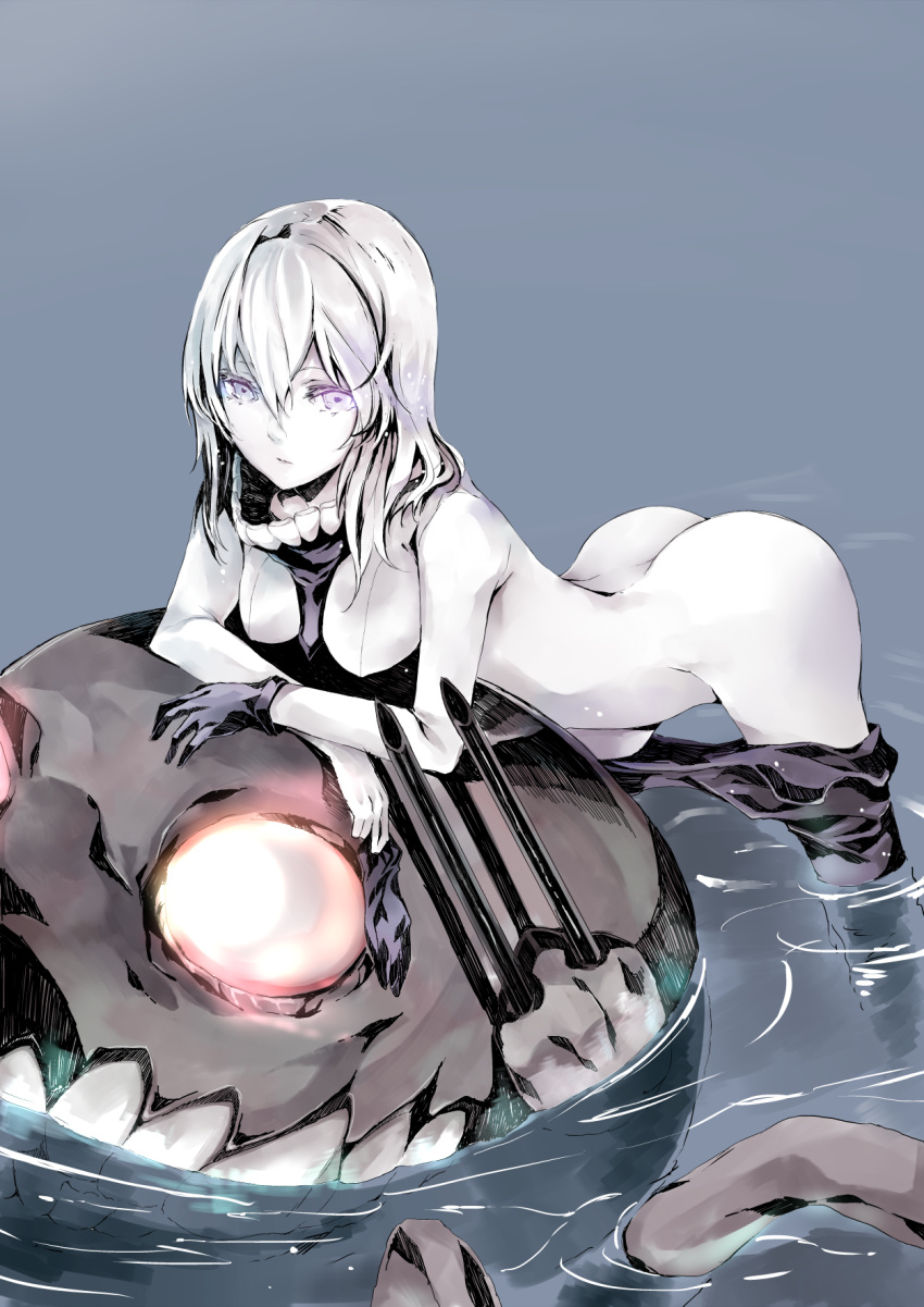 1girl ass atoshi black_gloves bodysuit breasts gloves glowing glowing_eyes highres kantai_collection long_hair looking_at_viewer pale_skin partially_submerged personification shinkaisei-kan silver_hair single_glove solo violet_eyes water wo-class_(kantai_collection)