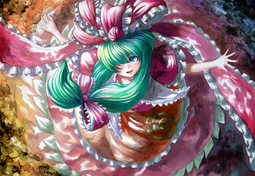 1girl bow dress frills from_above front_ponytail green_eyes green_hair hair_bow hair_over_one_eye hair_ribbon kagiyama_hina open_mouth outstretched_arms ribbon smile solo touhou tourniquet505