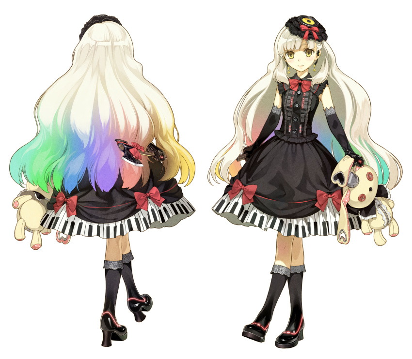 1girl absurdres axe blonde_hair boots bow dress elbow_gloves frilled_legwear gloves gothic gothic_lolita gradient_hair hair_ornament hidari_(left_side) highres holding lolita_fashion mayu_(vocaloid) multicolored_hair official_art piano_print rabbit rainbow_hair solo stuffed_animal stuffed_toy transparent_background vocaloid weapon white_background yellow_eyes