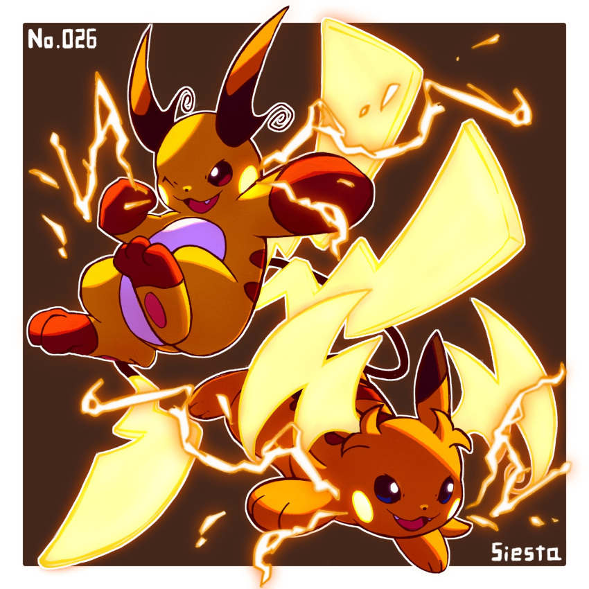 blue_eyes brown_eyes electricity fang fangs highres mega_pokemon mega_raichu_x mega_raichu_y multiple_tails no_humans one_eye_closed open_mouth orange_fur pokemon pokemon_(creature) pokemon_focus pokemon_legends:_z-a raichu siestingtime smile tail very_long_ears very_long_tail yellow_fur
