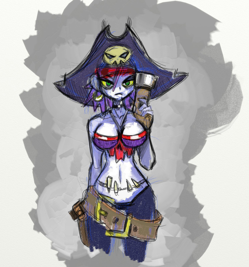 1girl bandana bandeau bare_shoulders beltskirt breasts choker cleavage cropped_legs earrings green_eyes gun hat highres hoop_earrings jewelry large_breasts matt_bozon midriff pale_skin pirate pirate_hat pistol purple_hair risky_boots rough shantae skull slender_waist solo weapon yellow_sclera