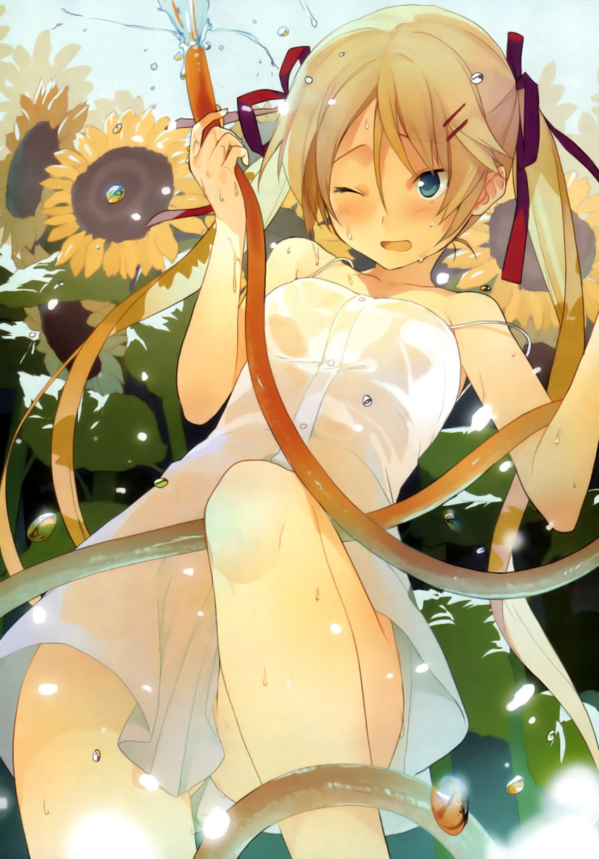 1girl ;o absurdres akinashi_yuu bare_shoulders blonde_hair blue_eyes blush dress flower from_below hair_ornament hair_ribbon hairclip highres hose leg_up long_hair original ribbon scan see-through_silhouette solo strap_slip sundress sunflower twintails very_long_hair water water_droplets wet wet_clothes wet_dress white_dress wink