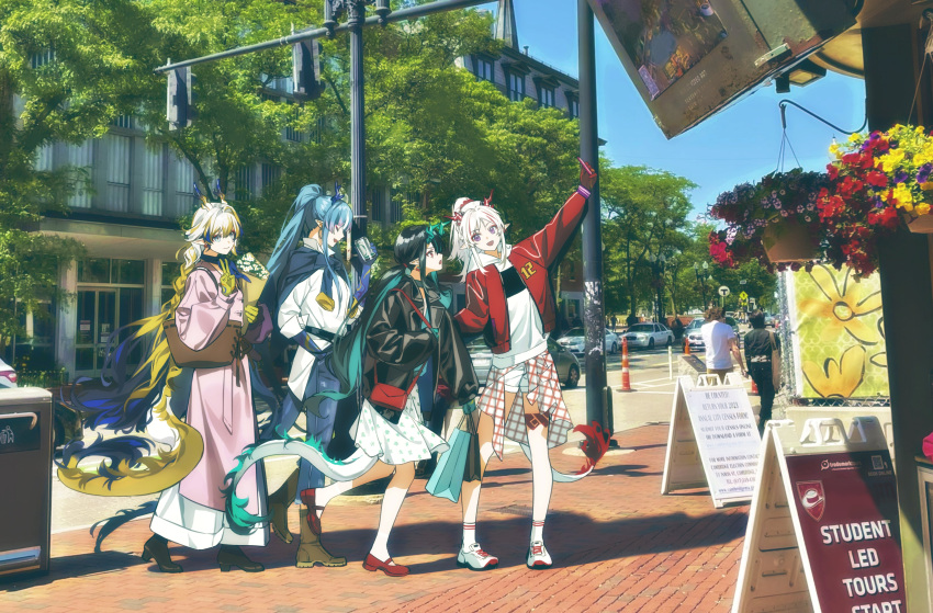 4girls absurdres alternate_costume alternate_hairstyle arknights bag black_hair black_jacket blonde_hair blue_hair blue_pants blue_skin boots bouquet can casual cellphone closed_eyes closed_mouth clothes_around_neck colored_skin denim dragon_girl dragon_horns dragon_tail dress dusk_(arknights) fan_mu_zhang full_body green_hair green_skin highres holding holding_bag holding_can holding_phone horns jacket ling_(arknights) long_hair long_skirt long_sleeves looking_at_another multicolored_hair multiple_girls nian_(arknights) open_clothes open_jacket open_mouth outdoors pants phone pointy_ears ponytail realistic red_jacket red_skin shirt shoes shopping_bag shorts shoulder_bag shu_(arknights) siblings sisters skirt smartphone smile socks standing tail v walking white_dress white_hair white_shirt white_shorts white_socks yellow_skin