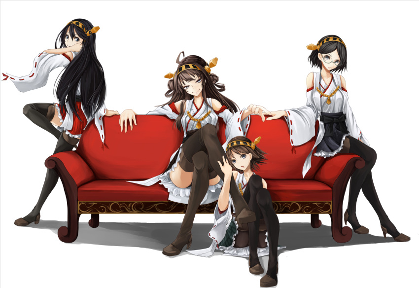 4girls ahoge bare_shoulders black_hair black_legwear blue_eyes boots brown_hair chair convenient_leg couch detached_sleeves glasses hair_ornament hairband haruna_(kantai_collection) headgear hiei_(kantai_collection) highres japanese_clothes kantai_collection kirishima_(kantai_collection) kongou_(kantai_collection) long_hair looking_at_viewer multiple_girls open_mouth pantyhose personification ribbon_trim semi-rimless_glasses shirou_umiuta short_hair smile thigh_boots thighhighs under-rim_glasses white_background wide_sleeves