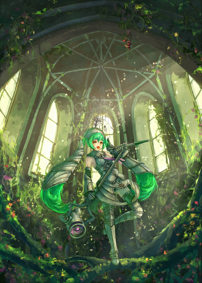 1girl armor bespin detached_sleeves gloves greaves green_hair hair_ornament hatsune_miku highres long_hair microphone microphone_stand necktie open_mouth skirt solo thigh-highs twintails very_long_hair vocaloid window
