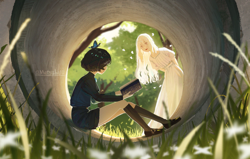 2girls artist_name black_hair black_shirt black_shoes black_shorts book bug butterfly butterfly_on_head commentary_request day dress grass grey_socks highres holding holding_book industrial_pipe kneehighs long_dress long_hair long_sleeves looking_at_another matsuba10 multiple_girls open_mouth original outdoors shirt shoes short_hair short_shorts shorts sitting smile socks white_dress white_hair