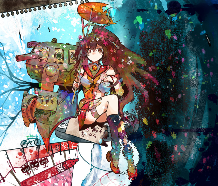 1girl bare_shoulders bicycle breasts brown_eyes brown_hair cherry_blossoms crayon dated flower glass hair_flower hair_ornament highres japanese_clothes kantai_collection long_hair personification ponytail ringetsumon single_thighhigh skirt solo symbol-shaped_pupils tagme thigh-highs torn_clothes umbrella yamato_(kantai_collection)