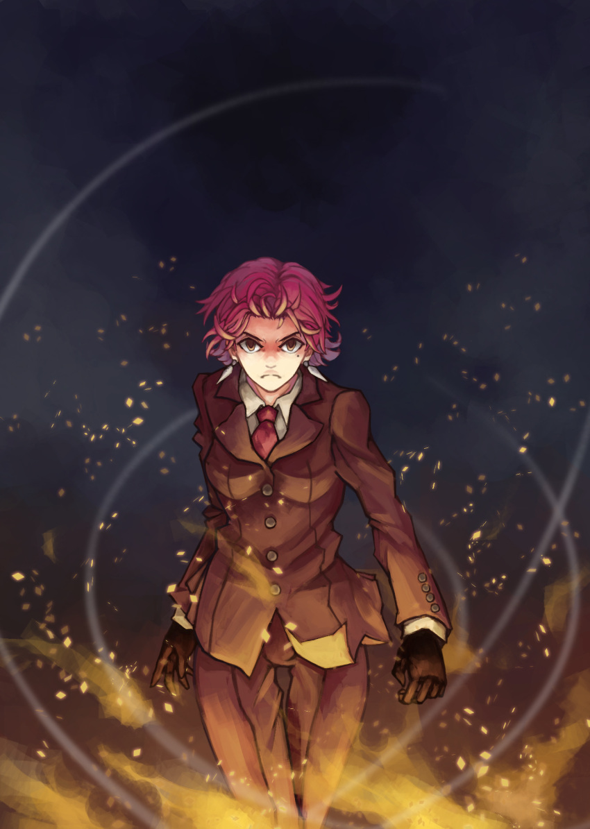 1girl bazett_fraga_mcremitz earrings fanhoax fate/hollow_ataraxia fate_(series) fire formal gloves highres jewelry mole necktie pant_suit purple_hair red_eyes short_hair solo suit